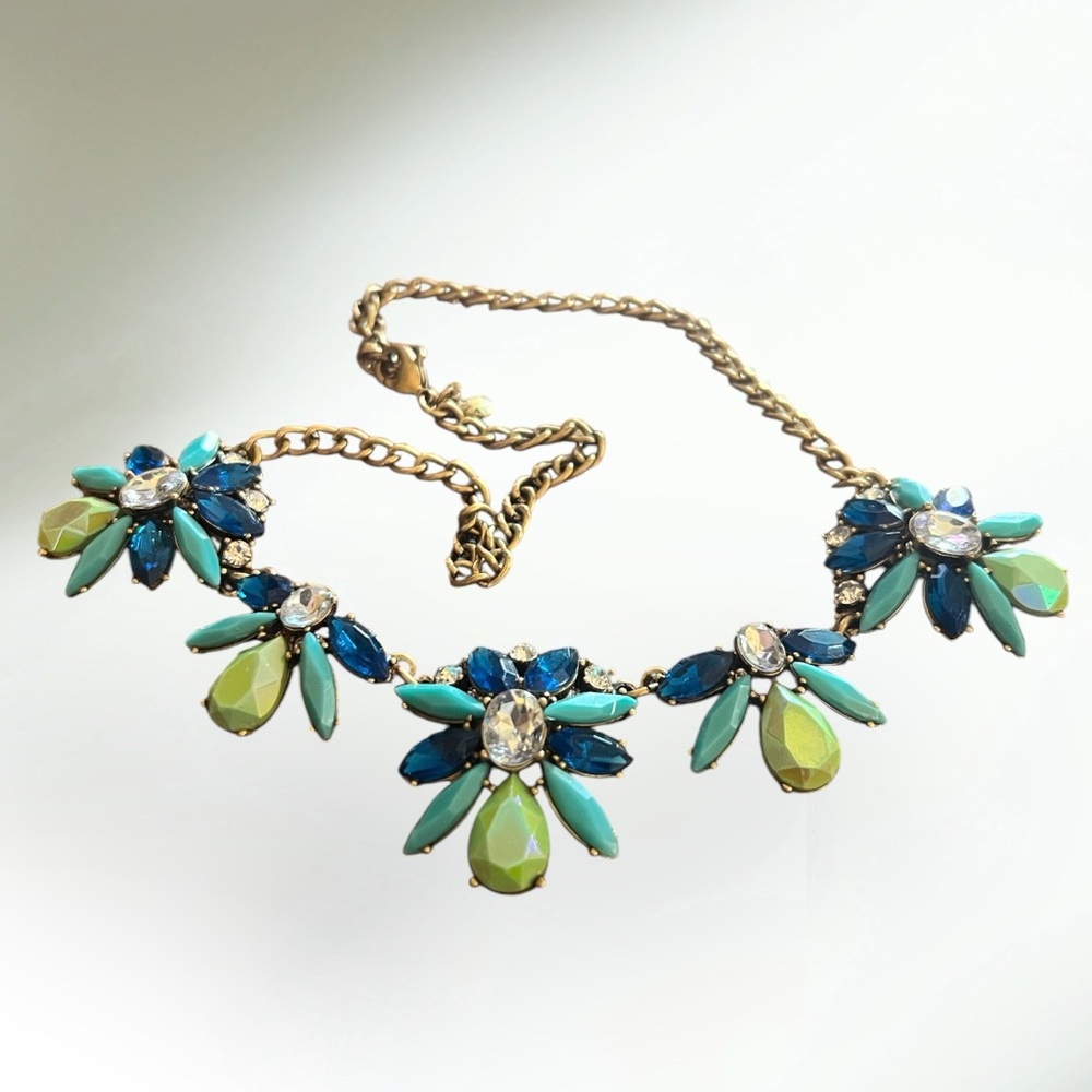 EUC~ J CREW flower Necklace blues and greens w/ Rhinestones